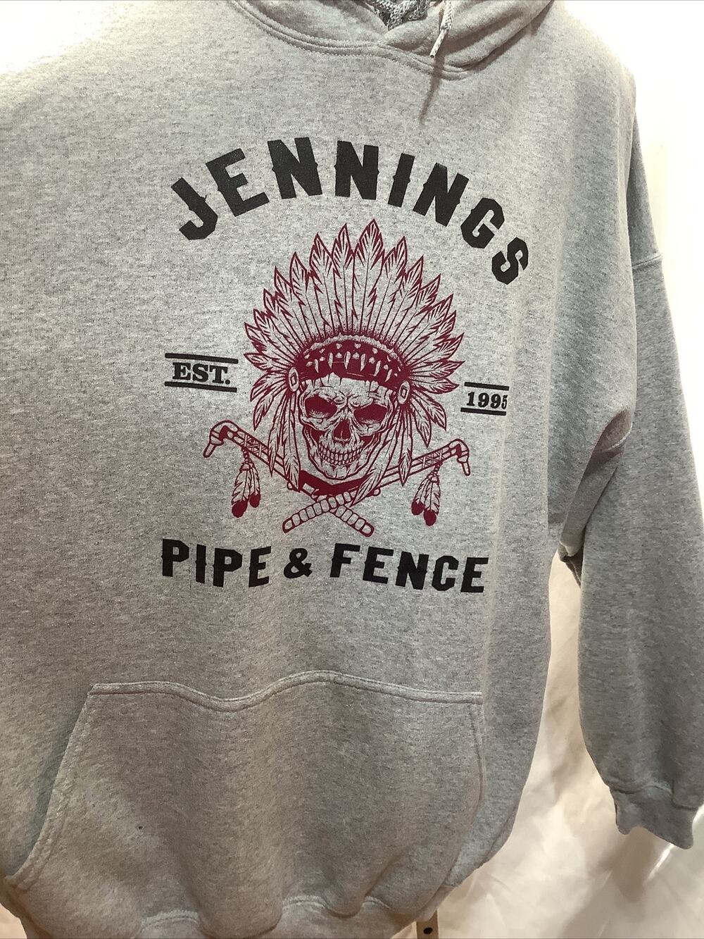 Jennings Pipe Fence Hoodie Mens 2XL Gray Skull Headdress Gildan Heavy Blend 1995